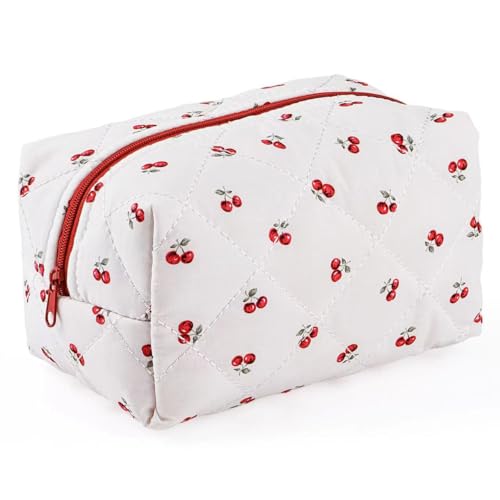 Floral Makeup Bag,Floral Quilted Makeup Pouch,Large Cosmetic Bag,Fashionable Travel Makeup Pouch, Cute Cherry Make up Bag,Puffy Coquette Makeup Bag, Attractive Quilted Make up Bag