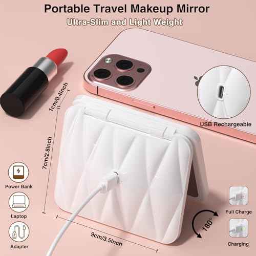 Rechargeable LED Lighted Compact Travel Mirror - 2-Sided Fold Mini Makeup Mirror with 1X/5X Magnification for Purse