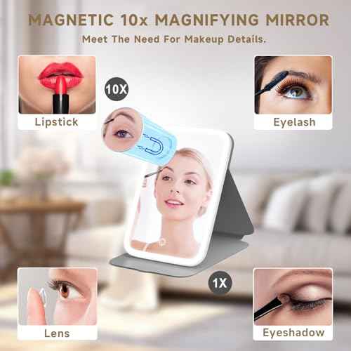 Mocado Travel Makeup Mirror with Lights, 360 Rotation, 10x Magnification, 60LEDs 3 Color Lightings, Dimmable Touch Screen, Tabletop Light up Mirror (Black)