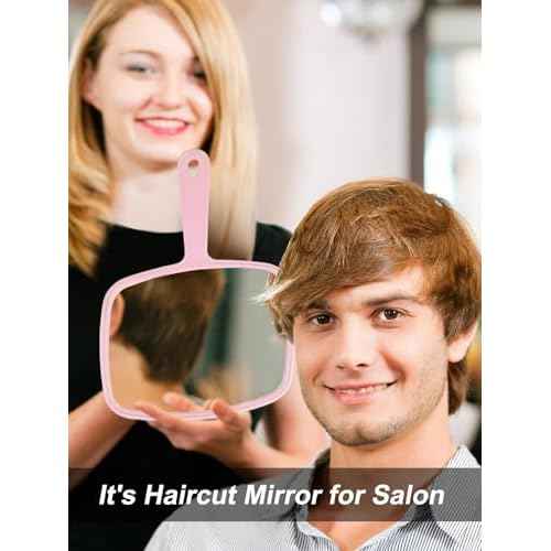Hand Mirror Salon Barber Hairdressing Handheld Mirror with Handle (Square Pink 7.4 x 10.3 inches)