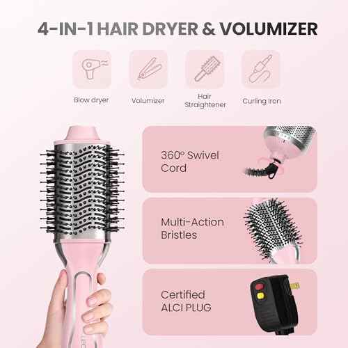 PRITECH 1000W Dual Voltage Ceramic Ionic Hair Dryer Brush,4-in-1 Hot Air Styler & One Step Volumizer for Straight & Curly Hair Salon (110-120V/220-240V),Blush Silver