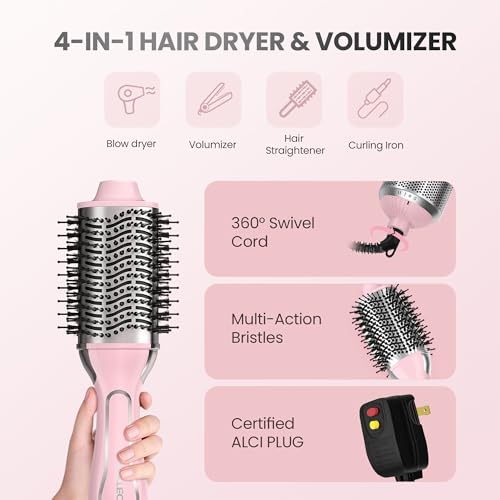 PRITECH 1000W Dual Voltage Ceramic Ionic Hair Dryer Brush,4-in-1 Hot Air Styler & One Step Volumizer for Straight & Curly Hair Salon (110-120V/220-240V),Blush Silver