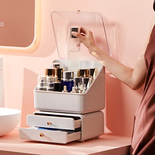 Large Makeup Organizer with Brush Holder, Makeup and Skincare Organizer for Vanity, Cosmetics Skincare Organizers with Lid and Drawers for Countertop, Bathroom, Dresser, Ideal Gifts for Women