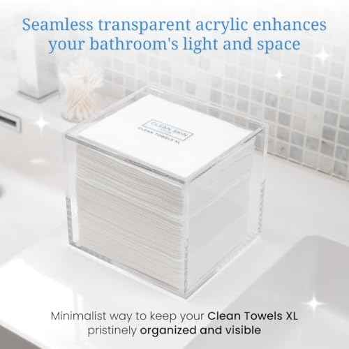 CLEAN SKIN CLUB Clear Acrylic Box for Clean Towels XL (NOT Included), Container For 50 Disposable Clean Towels XL, Face Towelettes Bathroom Counter Storage, Bin for Cleansing Facial Dry Wipes