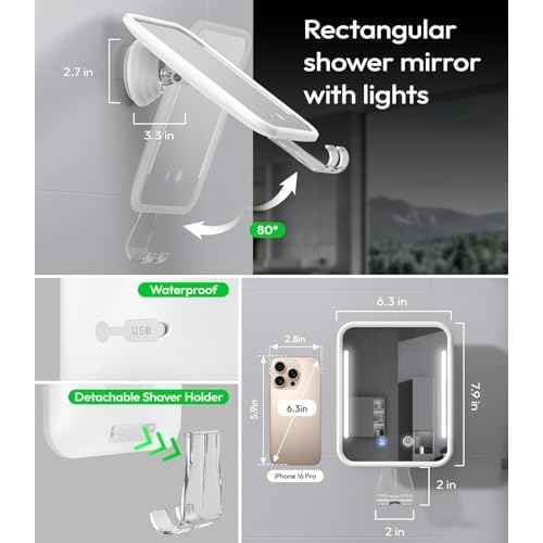 Lighted Shower Mirror Fogless for Shaving with Light, 5000mAh Heated Fogless Mirror for Shower, Detachable Razor Holder and Suction Cup for Wall, NO-Drilling, Waterproof for Bathroom (White)