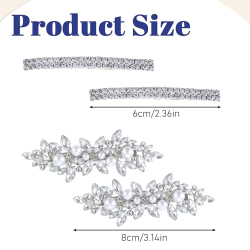 4PCS Hair Barrettes, Rhinestone Hair Clips, 3 Styles Silver Hairpins for Women and Girls, Alloy Hairclips with Rhinestone and Pearl, Sparkly Hair-Accessories for Wedding, Party, Dance and Daily Wear