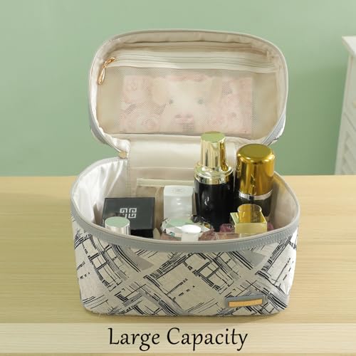 Richeart 3PC Makeup Bag Set, Cationic Jacquard Large Cosmetic Organizer, Back-Coated Solvent-Free Travel Toiletry Bag for Women - Gray