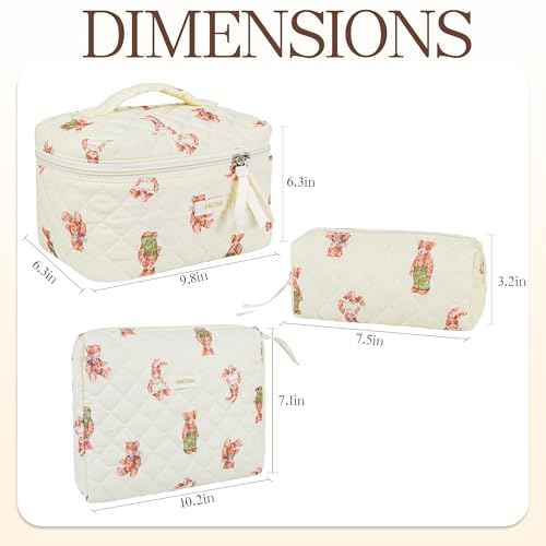 Makeup Bag Travel Cosmetic Bag, 3 PCS Quilted Make Up Bags for Women Makeup Organizer Case, Coquette Makeup Pouch Travel Essentials Toiletries Accessories