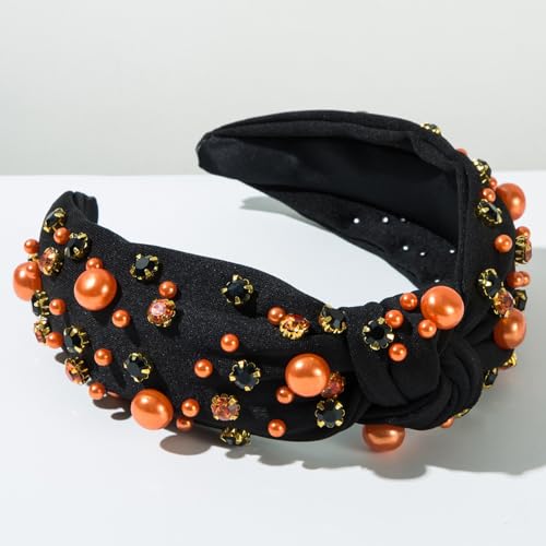 Halloween knotted Headband for Women Fashion Black Rhinestone Pearl Headband Hair Accessory, Costume Party Outfits Gifts