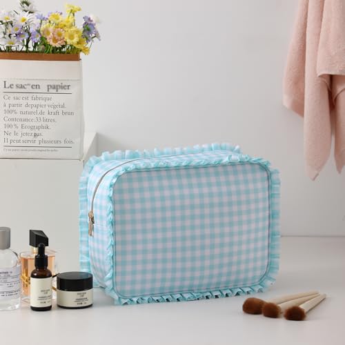 Gingham Ruffle Makeup Bag,Large Travel Cute Cosmetic Bag for Women Girls,Toiletry Bag Make up Organizer 10.8 x 4.5 x 8 inch (Mint Gingham)