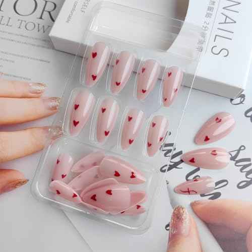 24Pcs Heart Press on Nails Medium Almond Fake Nails Valentines Glue on Nails Nude Pink Full Cover False Nails Red Love Hearts Artificial Acrylic Nails Stiletto Stick on Nails for Valentines Nails