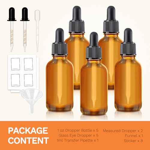 Bumobum 5 Pack, 1 oz Dropper Bottle with 2 Extra Graduated Calibrated Glass Dropper (1ml), Amber Glass Dropper Bottle 30ml Empty Dark Brown Tincture Bottles Eye Dropper for Essential Oils, Liquids