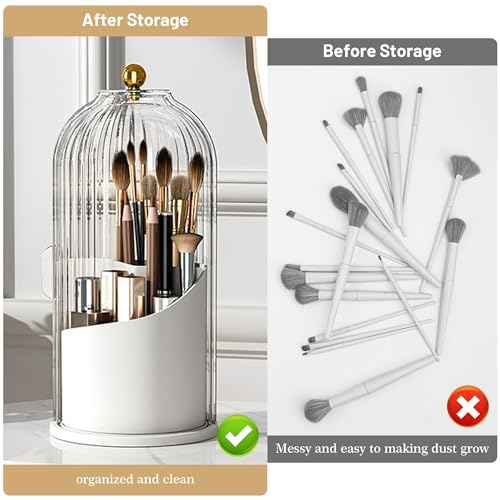 1PCS Makeup Brush Holder Organizer with Clear Lid 360 Rotating Sliding Opening Dustproof Brushes Container for Vanity