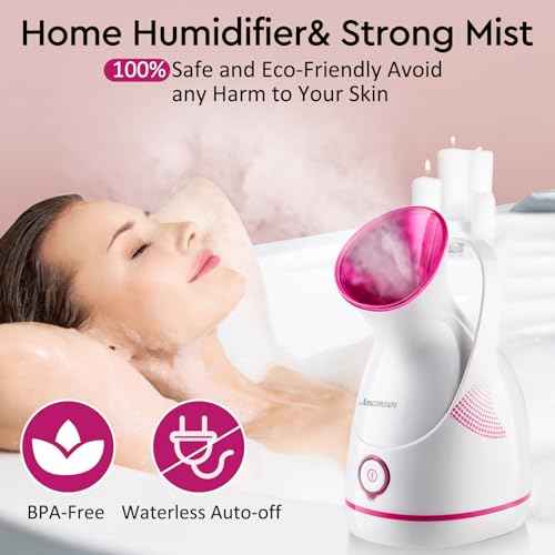 Amconsure Facial Steamer - Nano Ionic Face Steamer Warm Mist Steamer for Home Sauna SPA, Humidifier for Face Steamer for Deep Cleaning Unclogs Pores Sinuses - Bonus 5 Piece Stainless Steel Skin Kit