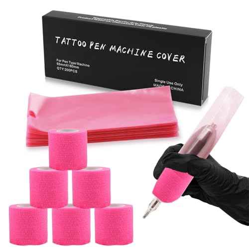 Tattoo Machine Pen Covers with 6pcs Pink Grip Tape Wrap,200Pcs Large 2.56 X 7.09 inch Machine Wrap, Combination Grip Tattoo Machine Covers Self-Adhesive Tattoo Tape Wrap Tattoo Supplies
