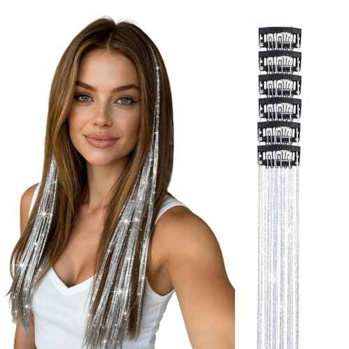 Hair Tinsel Clip in Extensions Silver Fairy Glitter Tinsel Kit for Women Heat Resistant 21.5In 6Pcs Festival Accessories for Party, Christmas, New Year, Halloween, Cosplay