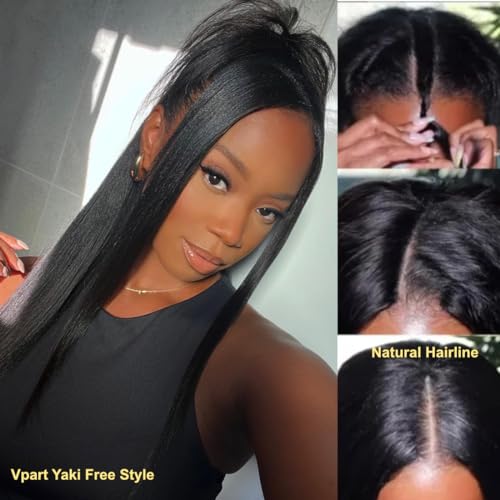 Sunber Yaki Straight V Part Human Hair Glueless Wig Upgrade U Part Wig No Leave Out Vpart light yaki straight Machine Made Clip In Half Wigs No Leave Out Real Scalp V Shape 150% Density 20Inch