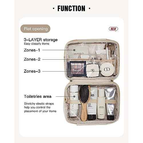EACHY Toiletry Bag with Hanging Hook, Travel Makeup Bag PU Leather Cosmetic Bags for Women Make Up Organizer with 4 Compartments Waterproof Full-Size Portable Travel Essentials (Beige)