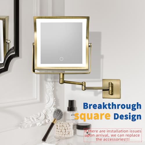 Ruacq Rechargeable Wall Mounted Makeup Mirror with Lights, Double Sided 1X/10X Magnifying Vanity Mirror with 3 Color Lights, Touch Screen Dimmable, 360¡Æ Rotation Extension Foldable Arm(Antique Brass)