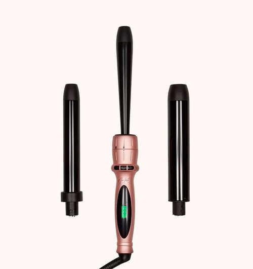 NuMe x Noa Kirel Triple Threat - Tourmaline Ceramic 3 in 1 Curling Wand Set with Interchangeable Barrels - Far Infrared Heat, Negative Ion Conditioning - Storage Case and Accessories