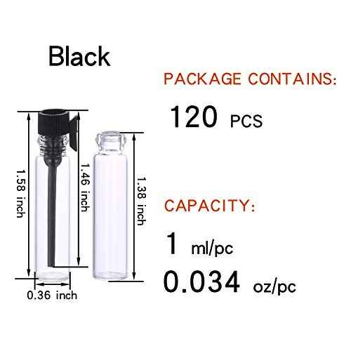 120Pcs 1Ml Mini Cute Empty Glass Perfume Essential Oils Sample Vials Bottles with Black Plastic Rod Caps Glass Vials Sample Dropper Bottle for Essential Oils Aromatherapy (120Pcs 1Ml Black Plastic Rod