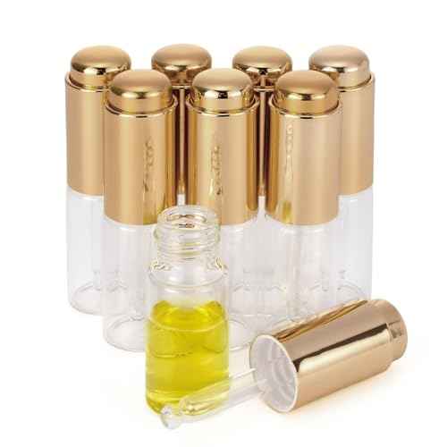 Ellbest 8Pcs 10ml Clear Press Dropper Bottles, Empty Refillable Essential Oil Bottles Container Perfume Cosmetic Bottle Travel Pressing Dropping Bottle, Gold Cap