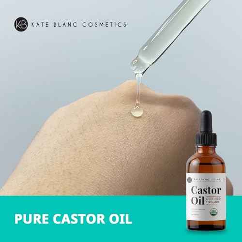 Kate Blanc Cosmetics Castor Oil Organic for Hair, Lashes, Face (2oz), 100% Pure, Cold Pressed, Hexane Free. Eyelash Serum for Thicker-Looking Eyelashes & Eyebrows