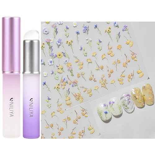 2PCS Silicone Nail Art Ombre Applicator, One Sheet Flower Stickers Decals, for Chrome Nail Powder, Floral Plant leaf Design of 5D Embossed Self-Adhesive Decoration Set, for Beginners