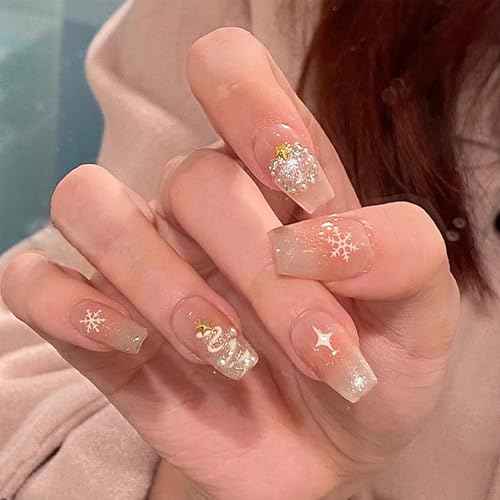 Christmas Press on Nails Medium Coffin Square Fake Nails with Gold Metal Star Pearl Rhinestones Designs Xmas Tree Snowflake False Nails White Glitter French Tips Acrylic Stick on Nails for Women 24Pcs
