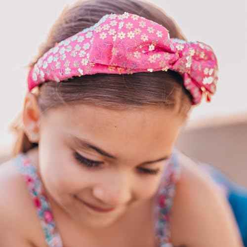 FROG SAC Hairband, Hot Pink Sparkly Sequin Bow Headband for Girls - Little Girl Rainbow Flower Hair Bands, Kids Cute Fashion Head Band Accessories, Floral Tulle Back to School Hairbands