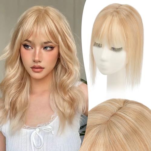 S-noilite Hair Toppers for Women with Bangs Real Human Hair 360¡Æ 3D Cover Clip in Bangs 2X6 Coverage Clip in Hairpiece for Women with Thinning Hairline 10Inch(Gloden Brown/Bleach Blonde)