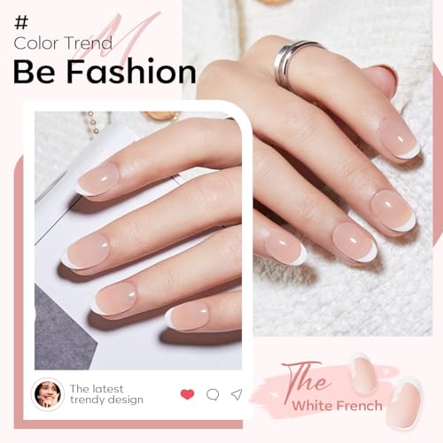 modelones French Tip Press On Nails, Short Oval Fake Nails Press Ons with Nail Glue, Adhesive Tabs, Nail File, Prep Pad, Manicure Stick, 32Pcs 16 Sizes, Nude, Christmas
