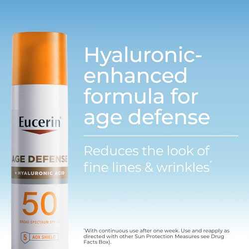 Eucerin Sun Age Defense SPF 50 Face Sunscreen Lotion with Hyaluronic Acid, Hypoallergenic, Non-Comedogenic Sunscreen SPF 50 Free of Fragrance, Oxybenzone and Octinoxate, 2.5 Fl Oz Bottle