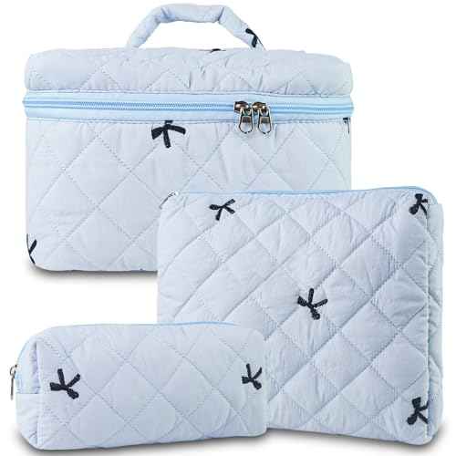 3Pcs Quilted Makeup Bag, Cute Floral Cotton Cosmetic Bag set, Coquette Bow Makeup Pouch Large Travel Toiletry Bag
