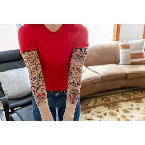 Prank-O Fake Temporary Tattoo Sleeves, Pair, Holiday Season Arm Accessories, Stretchy Material, Comfortable and Easy Slip On and Off, Christmas Parties