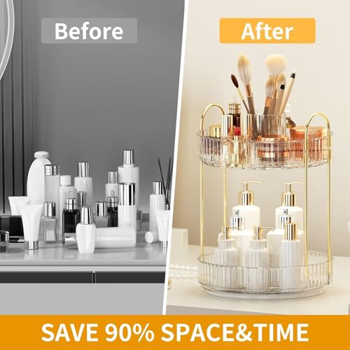 360¡Æ Rotating Makeup Organizer, Large-Capacity Skincare Make Up Storage 2 Tier Perfume Organizers Cosmetic Dresser Organizer with Makeup Brush Holder, Fits Bedroom, Bathroom, Vanity Shelf Countertop