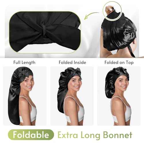 BONNET QUEEN Braid Bonnet Silk Bonnet Foldable Extra Long Wrap for Braids Satin Bonnets with Tie Band Long Sleep Cap, Black