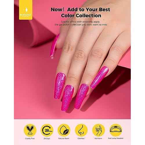 BURANO Glitter Gel Nail Polish - LED UV Curing, Holographic Effect, No Chip Sparkle Gel - Hot Pink (LP14)