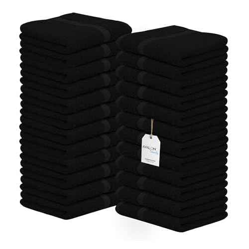 Avalon Towels Cotton Washcloths ? (Pack of 24) Size 12x12 Inches, 100% Ring Spun Cotton, Soft & Absorbent Face Towels, Gym Towels, Hotel and Spa Quality, Reusable Fingertip Towels (Black)