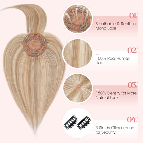 Hairro Mono Hair Toppers with Bangs, 3.4" x 3.4" Mono Base 100% Real Human Hairpieces for Women, 150% Density Clips In Topper for Greyish Thinning Hair, 14 Inch Golden Brown Mix Bleach Blonde