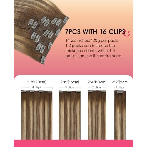 Youngsmile Human Hair Clip in Extensions, 16 Inch 120g 7Pcs Hair Extensions Clip in Balayage Chocolate Brown Mixed Caramel Blonde Human Hair Easy to Install,Thick End,Soft Silk (CLIP#4/27/4-16Inch)