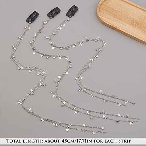 NICENEEDED 3Pcs Hair Chain for Braids, Silver Moon Star Tassel Hair Jewelry, 18 Inches Long Hair Clip Chains in Hair Braiding Hair Extensions for Women Daily Wear Halloween