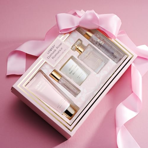 Womens Gifts, Birthday Gifts for Mom, Self Care Gifts for Women, Damask Rose Romance Spa Kit with Soy Candle, Perfume Roll On, Body Lotion, Body Mist & Eau de Parfum - Bath & Body Care Set
