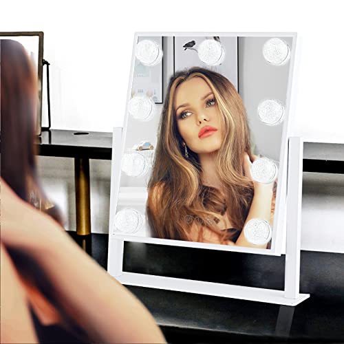 Vanity Mirror with Lights, Hollywood Lighted Makeup Mirror with 3 Color Modes and 9 Dimmable Diamond LED Light Bulbs, Detachable 10X Magnification, 360¡Æ Rotation, Touch Control, White