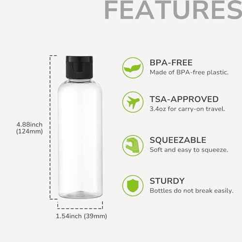 LISAPACK 3.4 oz Travel Bottles for Toiletries, Plastic Travel Size Containers for Shampoo Conditioner TSA Approved, Empty Small Squeeze for Lotion, Leak Proof Mini Liquid Tube for Refillable Clear