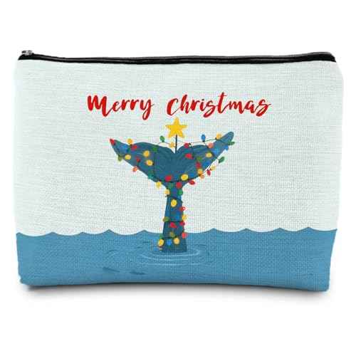 Merry Christmas Whale Beach Makeup Bag, Christmas Ocean Whale Tail Cosmetic Bags for Women, Beach Lover Gifts, Xmas Sea Animal Holiday Zipper Makeup Pouch Travel Toiletry Bag