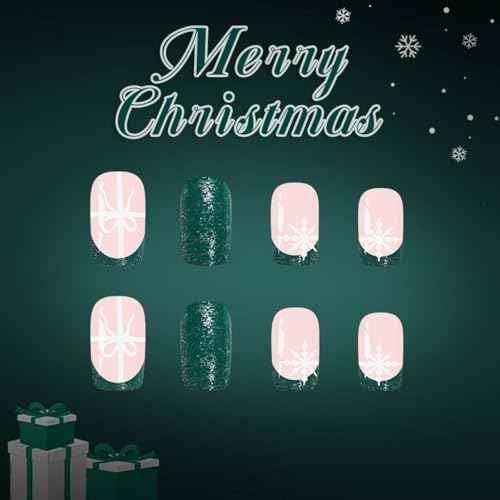 24Pcs French Tip Press on Nails Short Square LINMEIZAI Nail Tips Glitter Fake Nails Press Ons Nail Glue on Nails Acrylic Nails Kit with Peppermint Red Nails Nail Art for Women Christmas Decorations