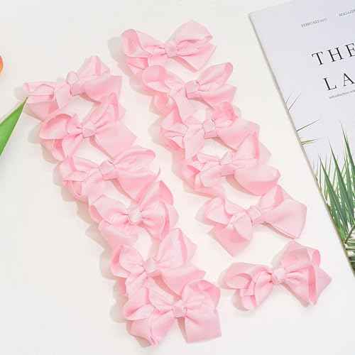 12 PCS 3" Pink Hair Bows for Girls, Grosgrain Ribbon Solid Color Hair Bows for Teen Toddler Little Girls