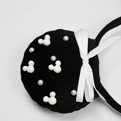 3D Black Mouse Ears Headband with Beads Pearls, Satin Bow Hairband Fashion Photogrphy Prop for Women Girls