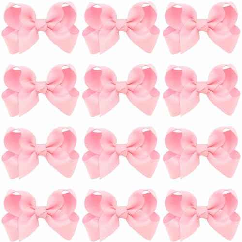 12 PCS 3" Pink Hair Bows for Girls, Grosgrain Ribbon Solid Color Hair Bows for Teen Toddler Little Girls